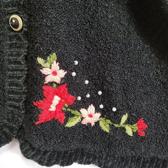 Vintage Russ Women's Button Front Sweater Cardigan Floral Pearls Black Size Lg - Picture 3 of 14